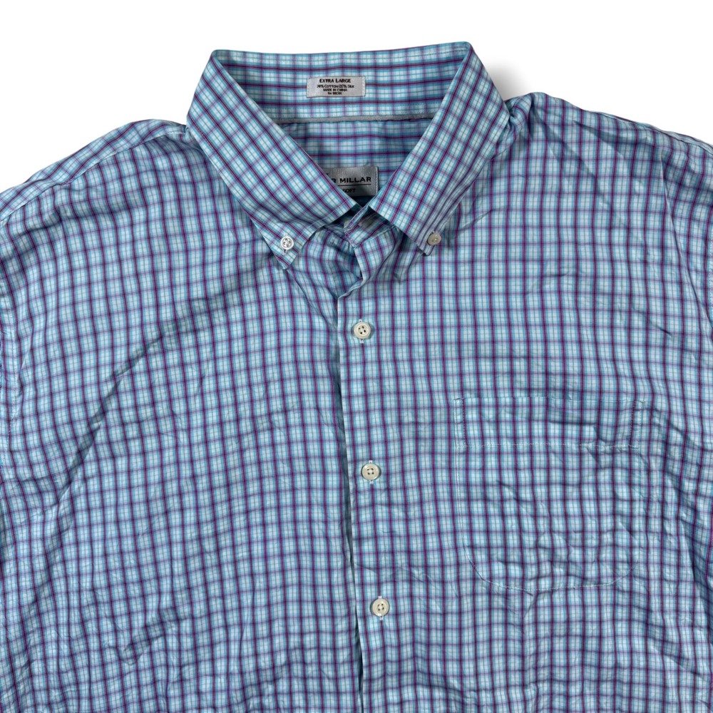 Peter Millar Button Down Shirt Mens XL Blue Plaid Crown Soft Cotton Silk Blend